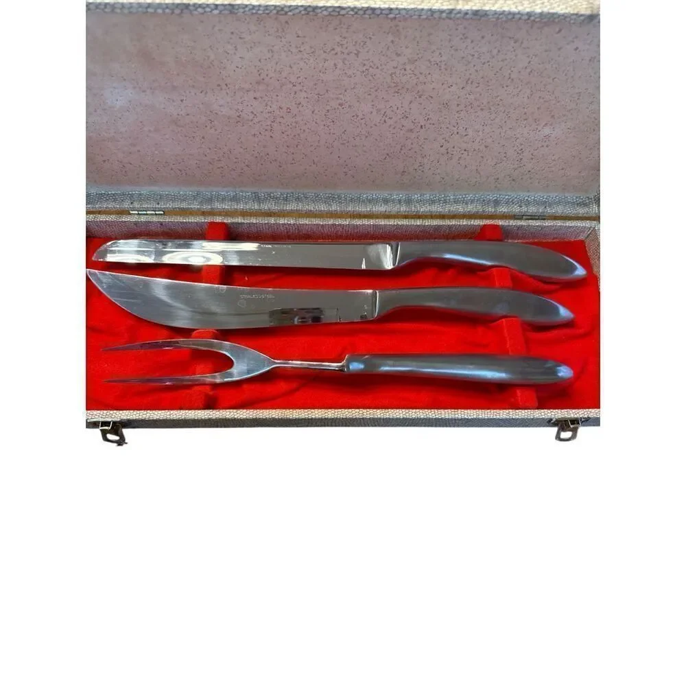 Vintage Eldan Carving Knife Fork Set 3 Piece Stainless MCM Japan Original Case